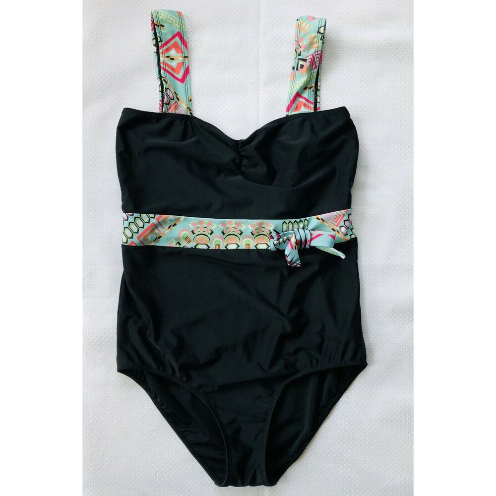 ASOS Womens One Piece Swimsuit Sz 16 Black Multicolor‎ Detail Wide Strap Modest
